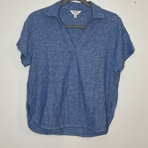 Banana Republic Linen Blend Blue Collared Pleat Short Sleeve Blouse M